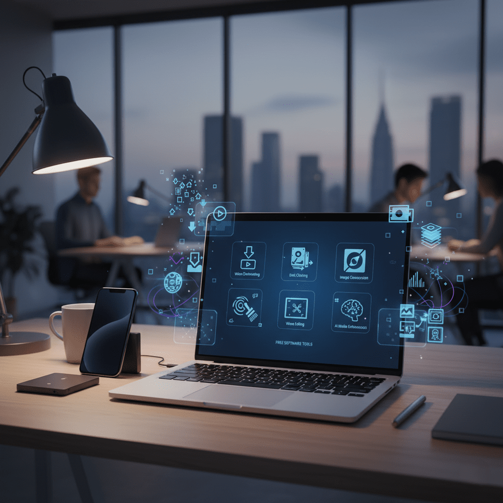 Digital illustration of a modern workspace featuring a laptop, smartphone, and external hard drive, with screen icons representing EaseUS Video Downloader, Quick File Finder, HEIC to JPG Converter, Donemax Disk Clone, iDealshare VideoGo, and VideoProc Converter AI. Abstract graphics include download arrows, video and audio file symbols, disk and duplicate icons, and glowing AI enhancements, visually summarizing top free software tools for Windows and Mac for video downloading, disk cloning, image conversion, duplicate file cleaning, media editing, and AI-powered upgrades.