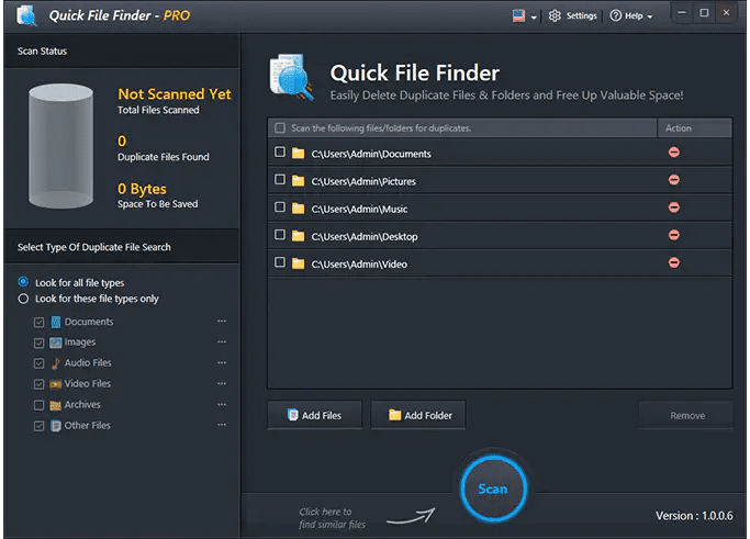 Graphic showing Quick File Finder scanning a computer for duplicate photos, videos, and documents, symbolizing free duplicate file finder and cleaner utility for optimizing disk space on Windows or Mac.