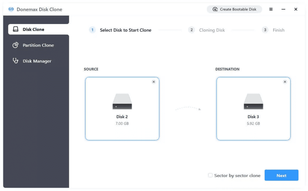 Donemax Disk Clone software icon next to an external hard drive and SSD, visualizing free disk cloning, partition migration, and bootable drive creation for Windows storage upgrade and data backup.