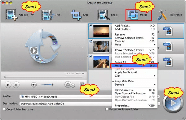 iDealshare VideoGo interface with video editing and conversion tools: crop, trim, merge, and effects icons—illustrating free video/audio converter and editor for Windows and Mac with all-format support.