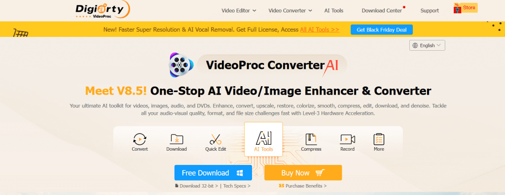 VideoProc Converter AI icon with glowing AI effects, showing advanced 4K/8K video enhancement, frame interpolation, and online media downloading—representing free AI-powered video/image toolbox for Windows and Mac.