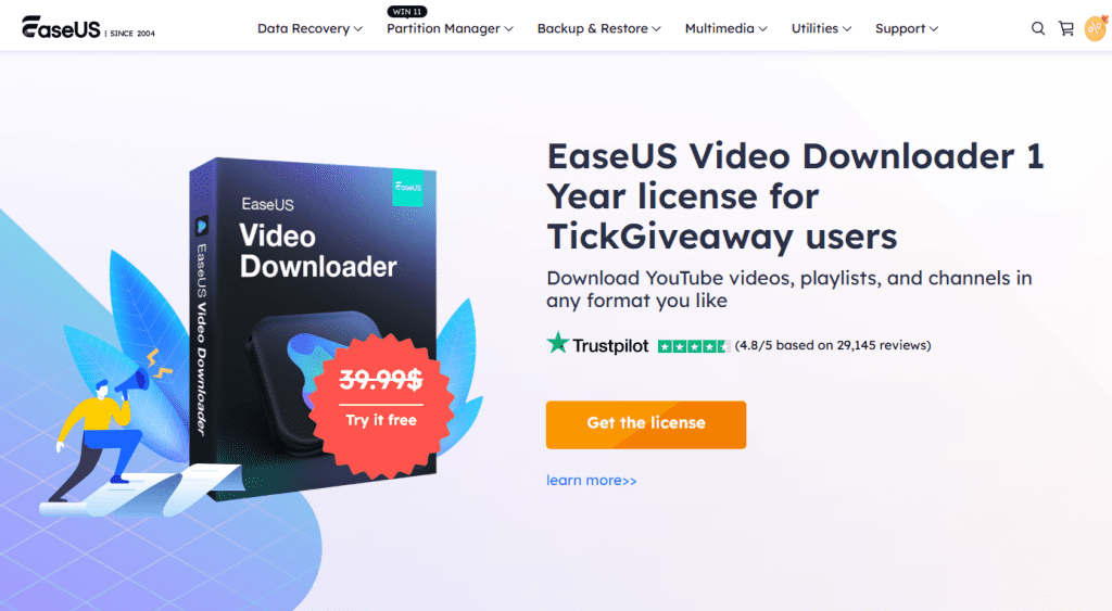 Icon for EaseUS Video Downloader on a digital device screen, illustrating downloading videos and music from over 1000 sites, including YouTube and Facebook—representing free video download software for Windows and Mac users.
